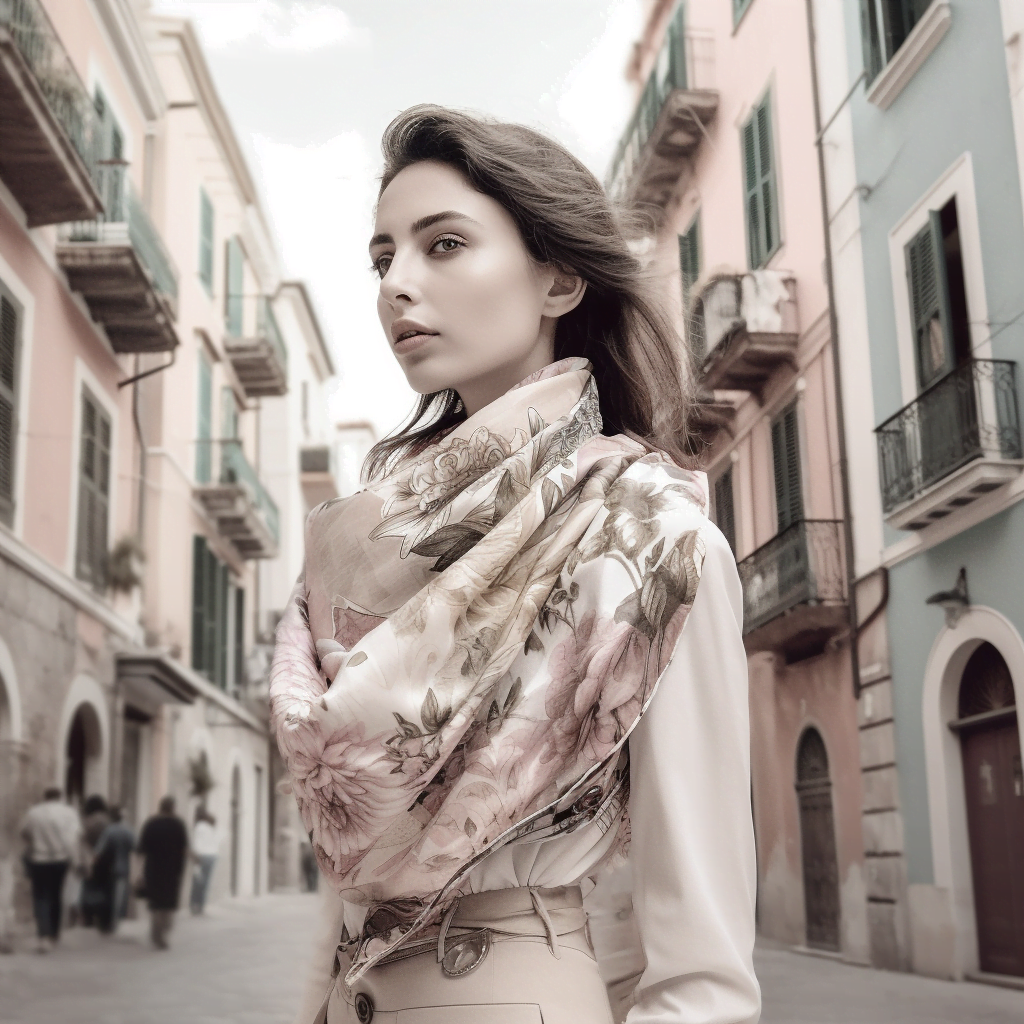 Model wearing elegant monochromatic scarf to showcase how to wear a designer silk scarf - The Silk Scarf Style: How to Wear a Silk Scarf