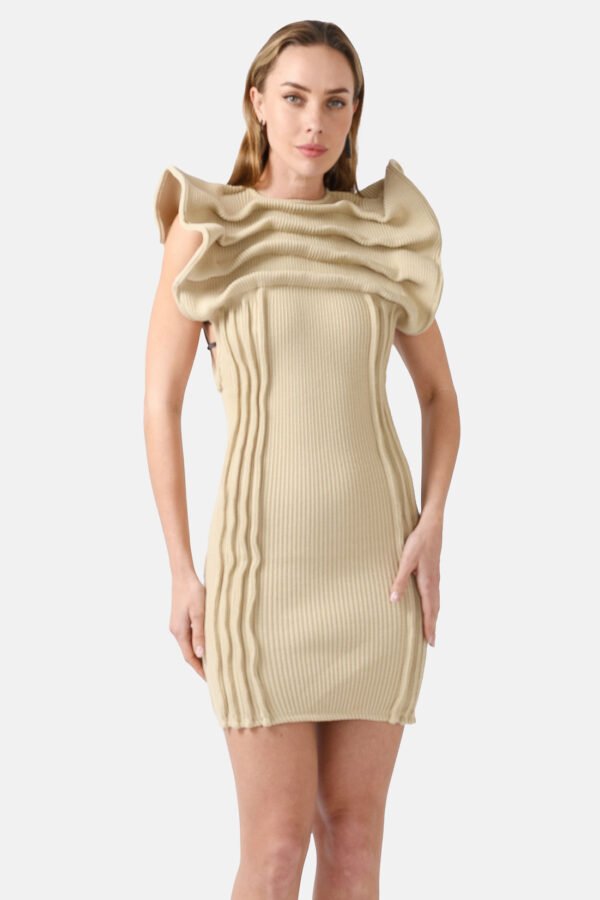 Beige Ribbed Knit Dress Pleated Leather Details Kargede Designer Knitwear Dress Front - Hypha – Beige Rib Knit Mini Dress