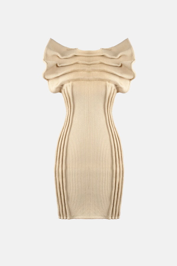 Beige Ribbed Knit Dress Pleated Leather Details Kargede Designer Knitwear Dress GM - Hypha – Beige Rib Knit Mini Dress