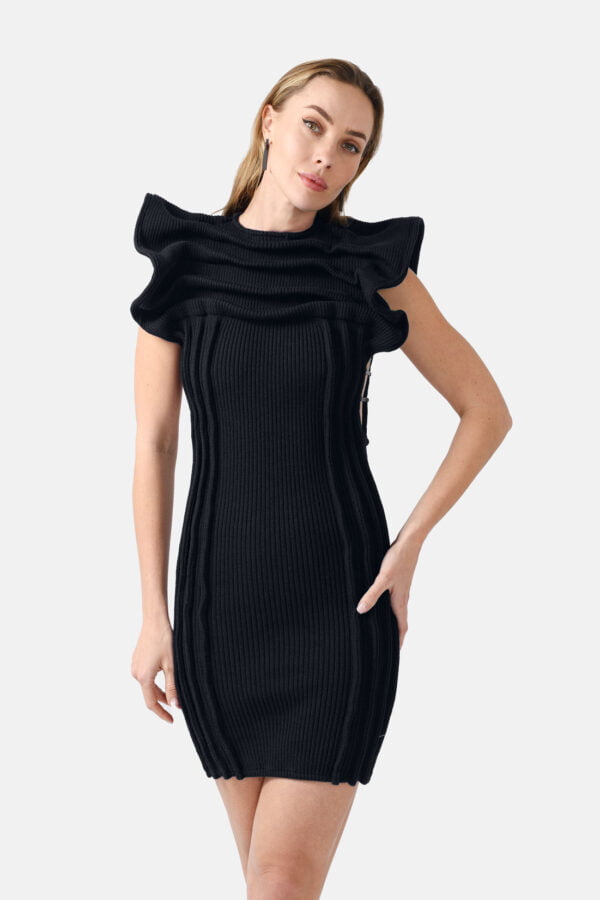 Black Ribbed Knit Dress Pleated Leather Details Kargede Designer Knitwear Dress Front zoomed - Hypha – Black Rib Knit Mini Dress