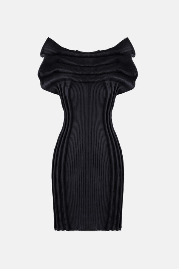 Black Ribbed Knit Dress Pleated Leather Details Kargede Designer Knitwear Dress GM - Hypha – Black Rib Knit Mini Dress