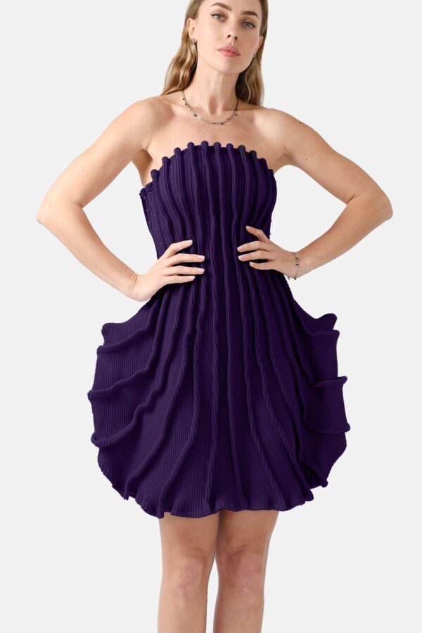 Purple Ribbed Knit Dress Pleated Kargede Designer Knitwear Dress Front zoomed - Allure – Purple Rib Knit Dress