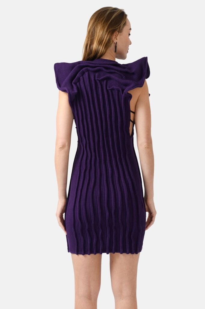 Purple Ribbed Knit Dress Pleated Leather Details Kargede Designer Knitwear Dress Back