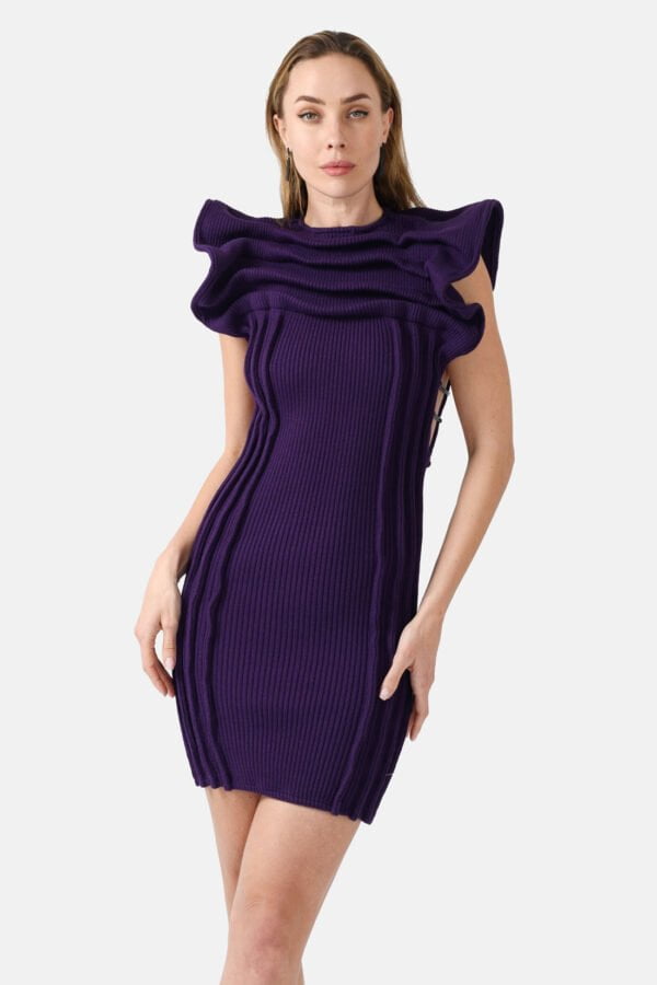 Purple Ribbed Knit Dress Pleated Leather Details Kargede Designer Knitwear Dress Front zoomed - Hypha – Purple Rib Knit Mini Dress