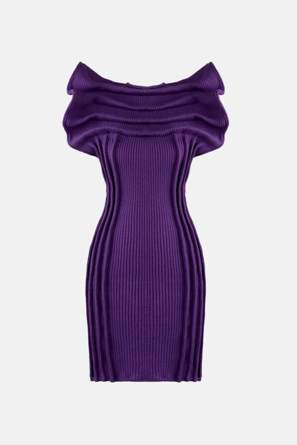 Purple Ribbed Knit Dress Pleated Leather Details Kargede Designer Knitwear Dress GM - Hypha – Purple Rib Knit Mini Dress