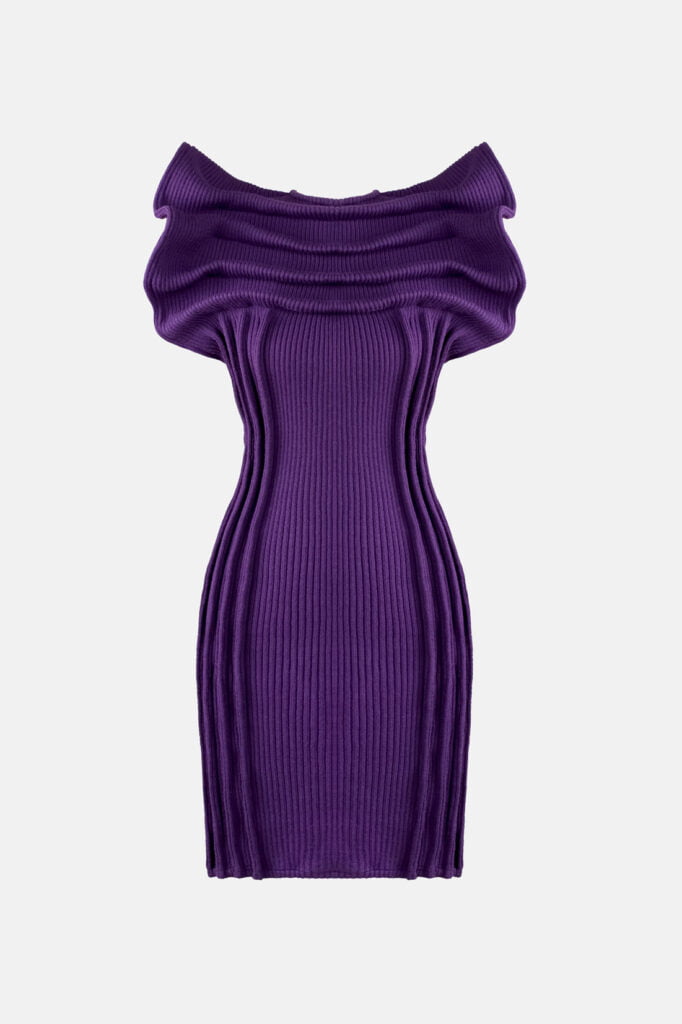 Purple Ribbed Knit Dress Pleated Leather Details Kargede Designer Knitwear Dress GM