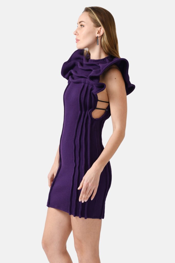 Purple Ribbed Knit Dress Pleated Leather Details Kargede Designer Knitwear Dress Side