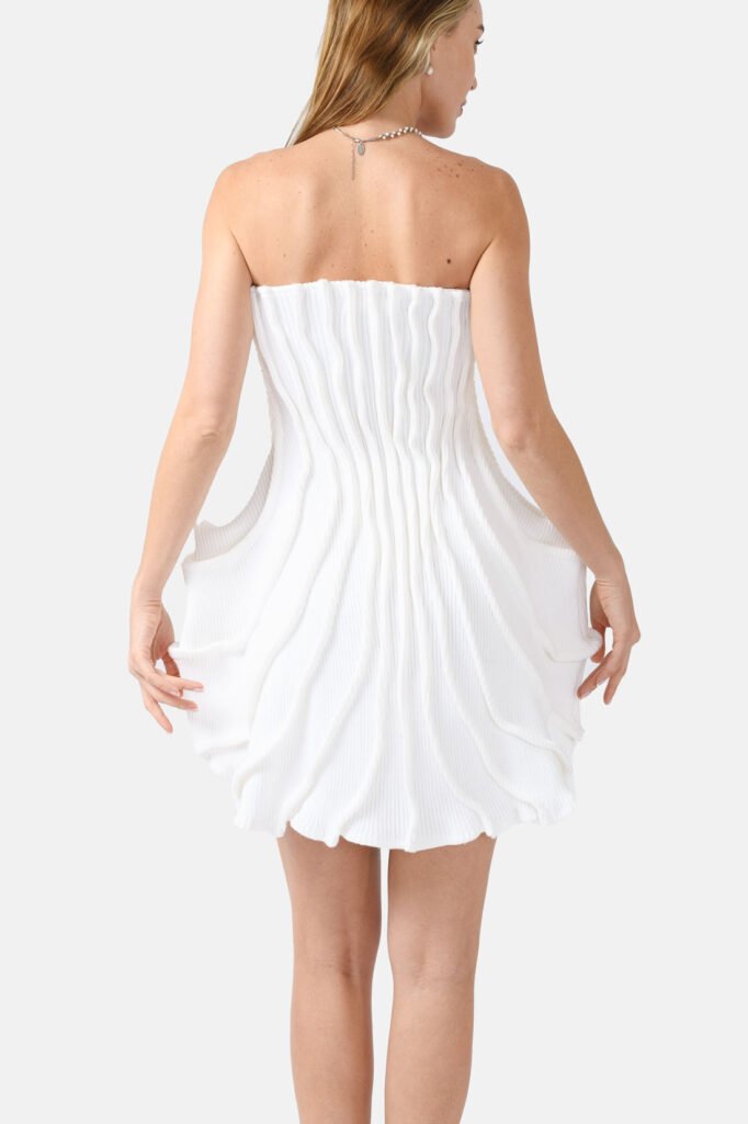 White Ribbed Knit Dress Pleated Kargede Designer Knitwear Dress Back