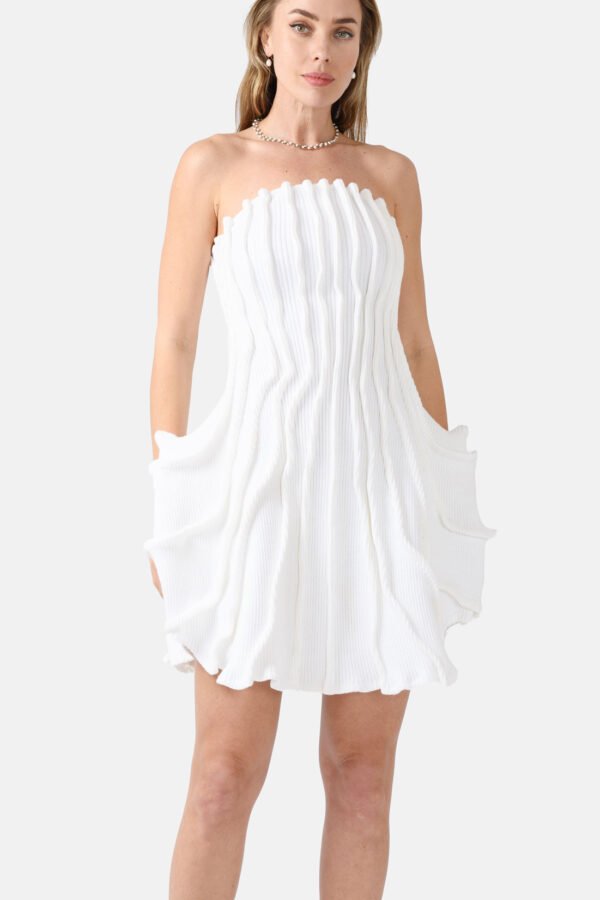 White Ribbed Knit Dress Pleated Kargede Designer Knitwear Dress Front - Allure – White Rib Knit Dress