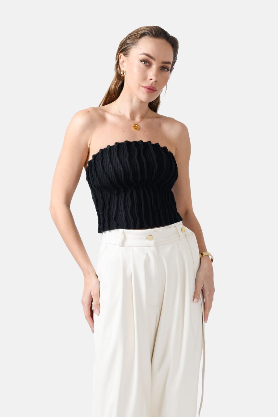 Black Ribbed Knit Crop Top Pleated Kargede Designer Crop Top Front - Mycel – Rib Knit Tube Top Black