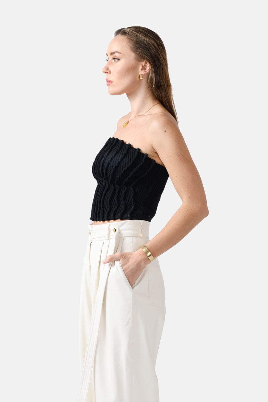 Black Ribbed Knit Crop Top Pleated Kargede Designer Crop Top side - Mycel – Rib Knit Tube Top Black