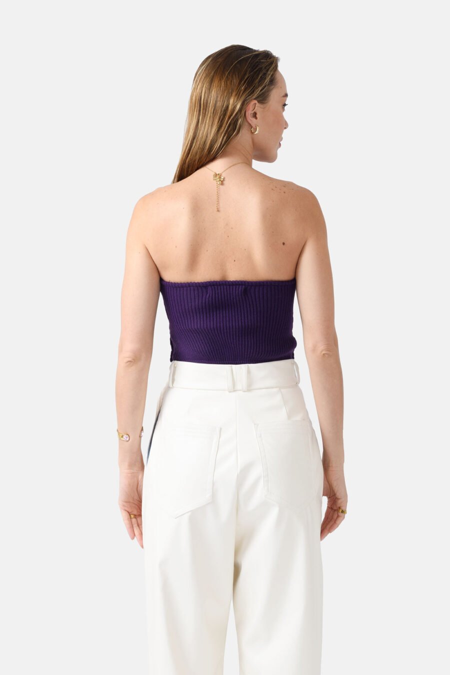 Purple Ribbed Knit Crop Top Pleated Kargede Designer Crop Top Back - Mycel – Rib Knit Tube Top Purple