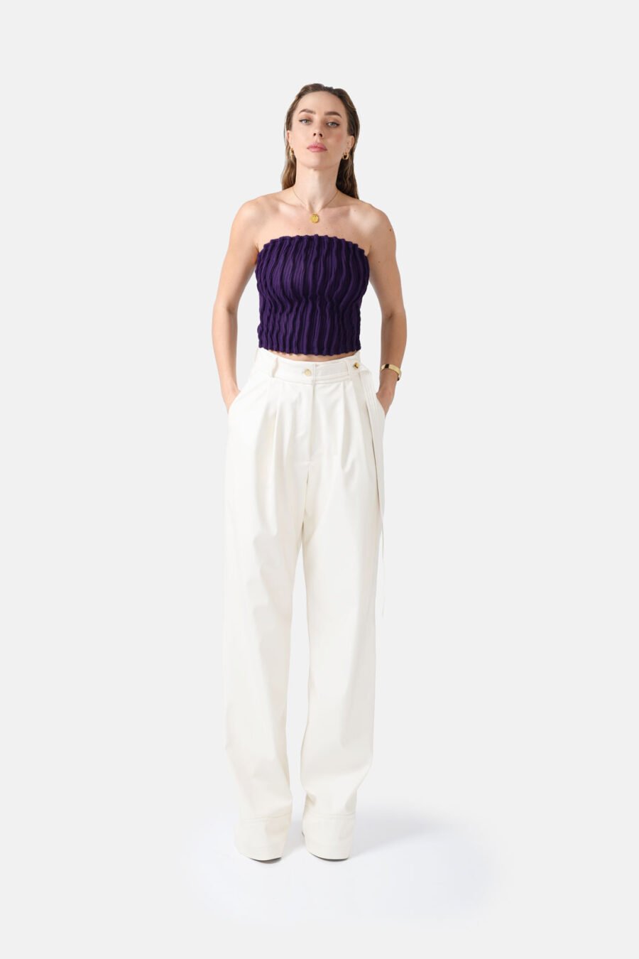 Purple Ribbed Knit Crop Top Pleated Kargede Designer Crop Top Front - Mycel – Rib Knit Tube Top Purple