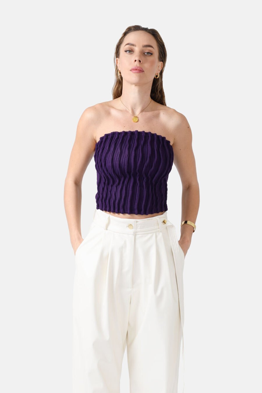 Purple Ribbed Knit Crop Top Pleated Kargede Designer Crop Top Front zoomed - Mycel – Rib Knit Tube Top Purple