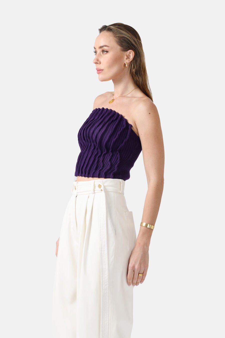 Purple Ribbed Knit Crop Top Pleated Kargede Designer Crop Top Side - Mycel – Rib Knit Tube Top Purple