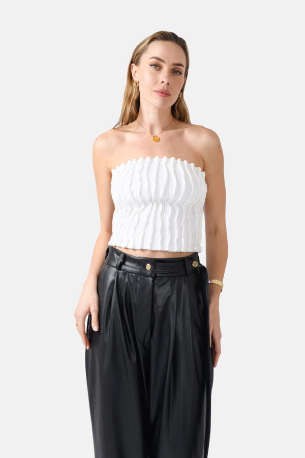 White Ribbed Knit Crop Top Pleated Kargede Designer Crop Top Front zoomed - Mycel – Rib Knit Tube Top White