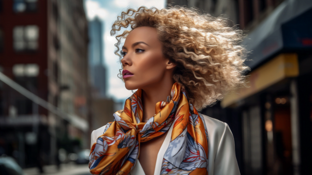 Elegant model wearing orange scarf in 2023 fashionable