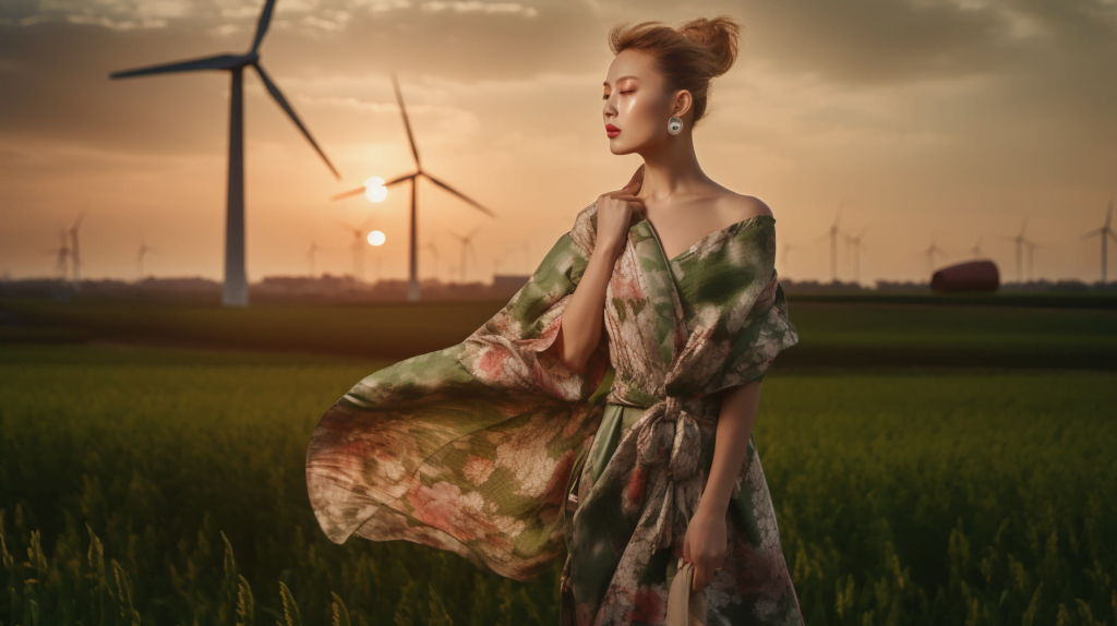 Model wearing sustainably made cotton tie dress colored with natural die standing in a wind turbine field