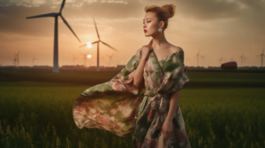 Model wearing sustainably made cotton tie dress colored with natural die standing in a wind turbine field - The Importance of Sustainable Fashion: A world of Value - Page 2 - Style Hub - Page 2