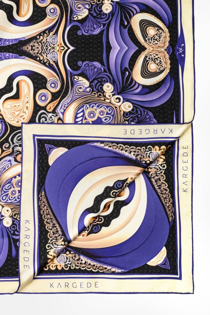 Purple Beige Swirls Designer Silk Twill Scarf Kargede Finders Keepers Corner