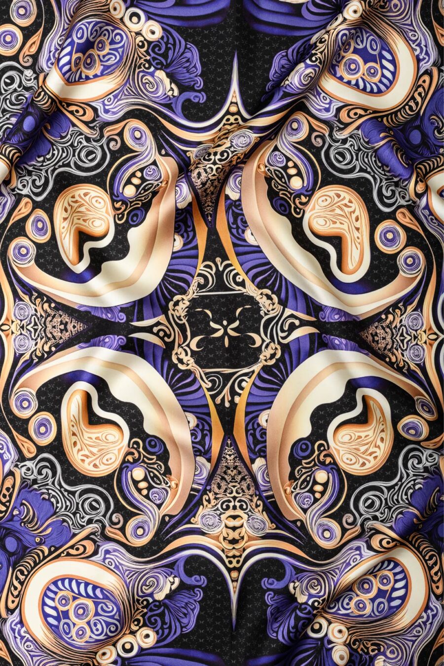 Purple Beige Swirls Designer Silk Twill Scarf Kargede Finders KeepersDetail1 - Stylish Designer Silk Scarf - Purple & Gold