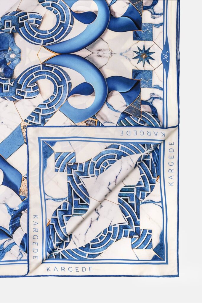 Blue White Gold Marble Designer Silk Twill Scarf Kargede Marble Odyssey Corner