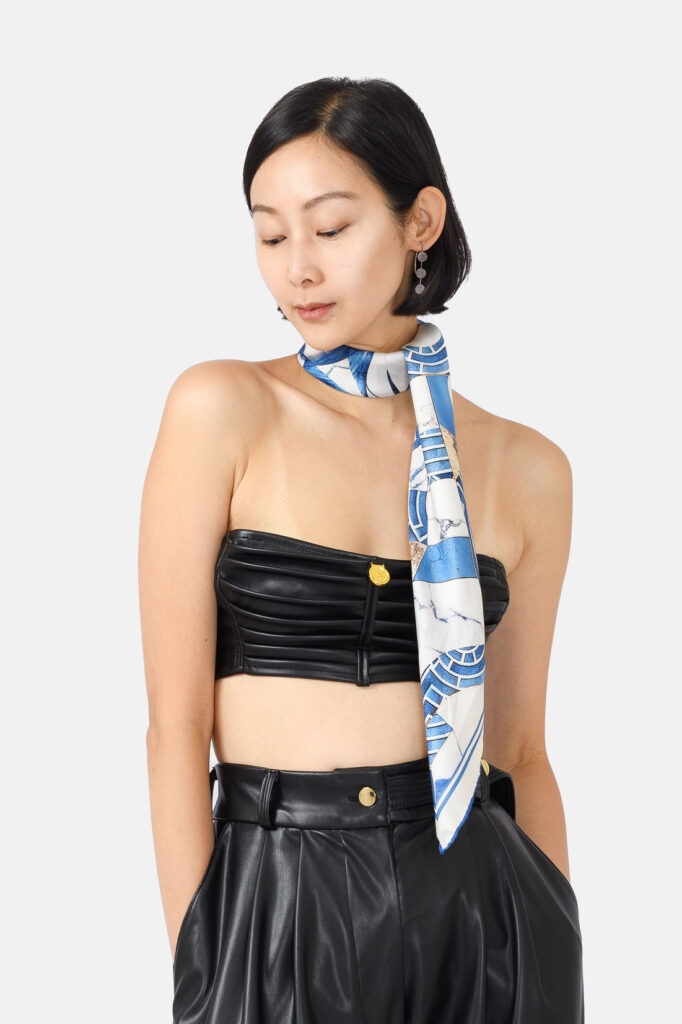 Blue White Gold Marble Silk Twill Scarf Kargede Designer Scarf Neck Tie Thin