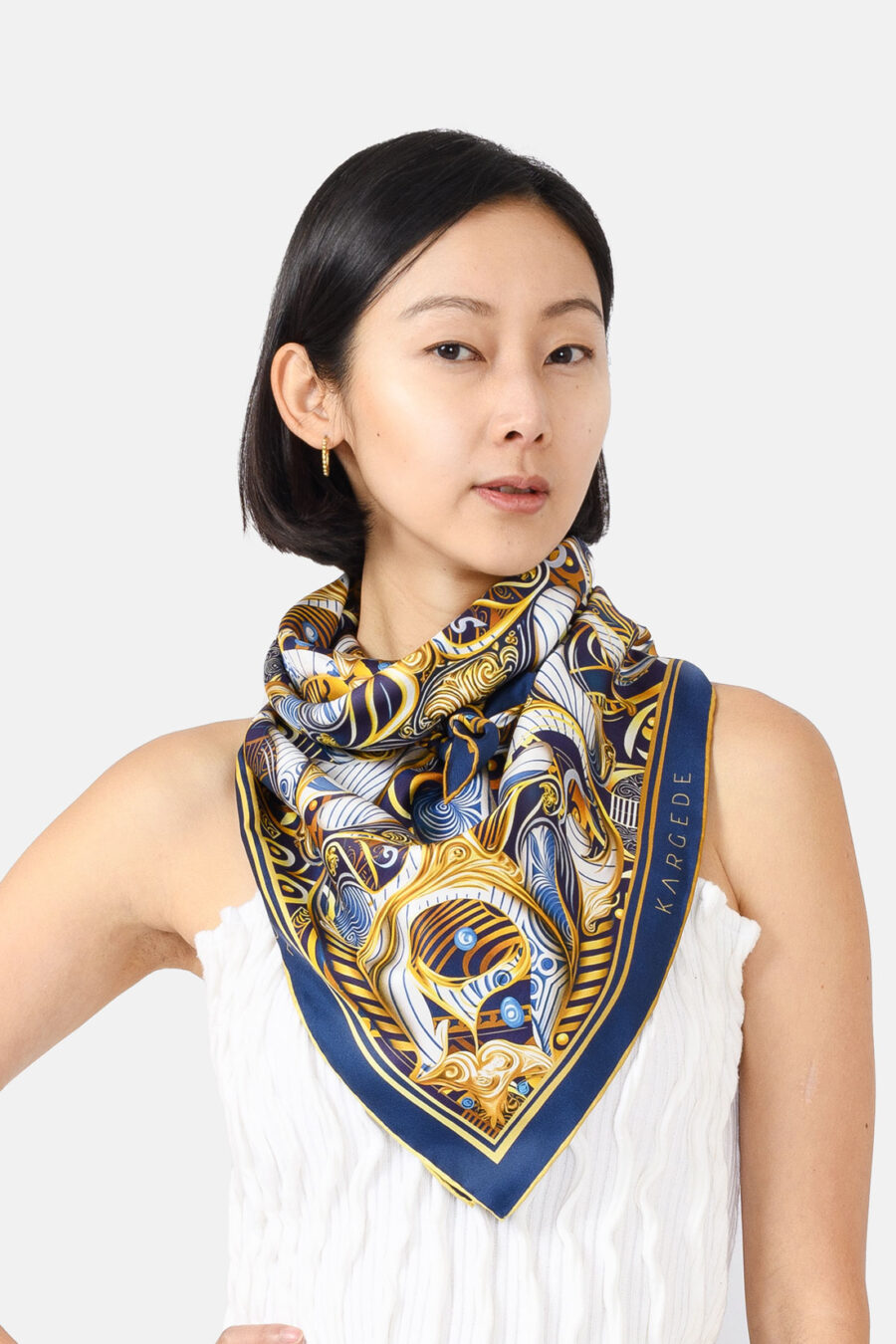 Blue White Gold Porcelain Silk Twill Scarf Kargede Designer Scarf Neck Tie Loose - Designer Silk Scarf - Blue, White, Gold Porcelain