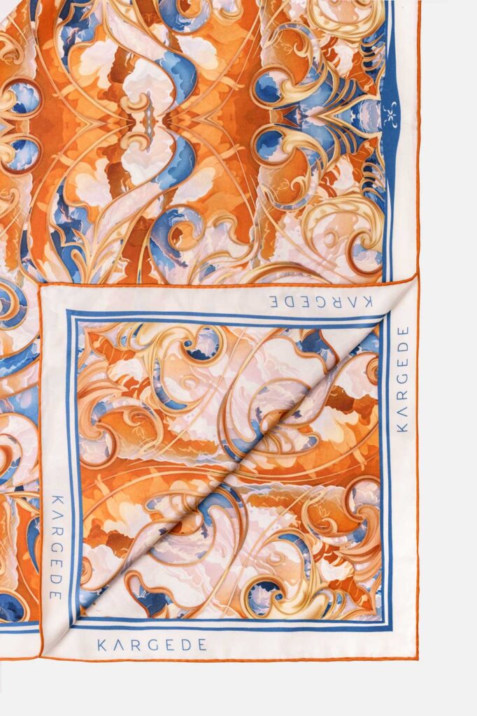 Blue White Orange Cloud Print Designer Silk Twill Scarf Kargede Sun Seeker Corner