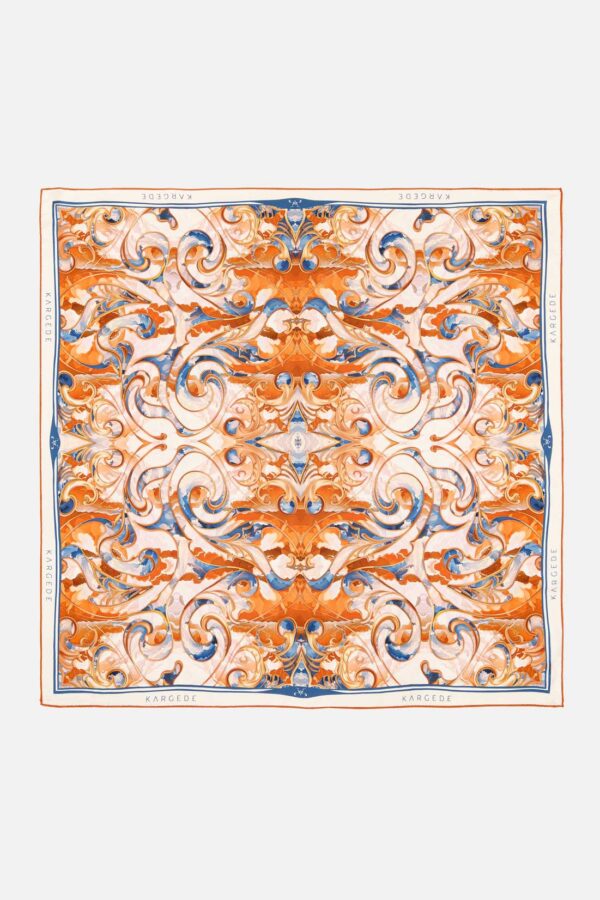 Blue White Orange Cloud Print Designer Silk Twill Scarf Kargede Sun Seeker Flat Lay - Designer Silk Scarf - Blue, White, and Orange Clouds