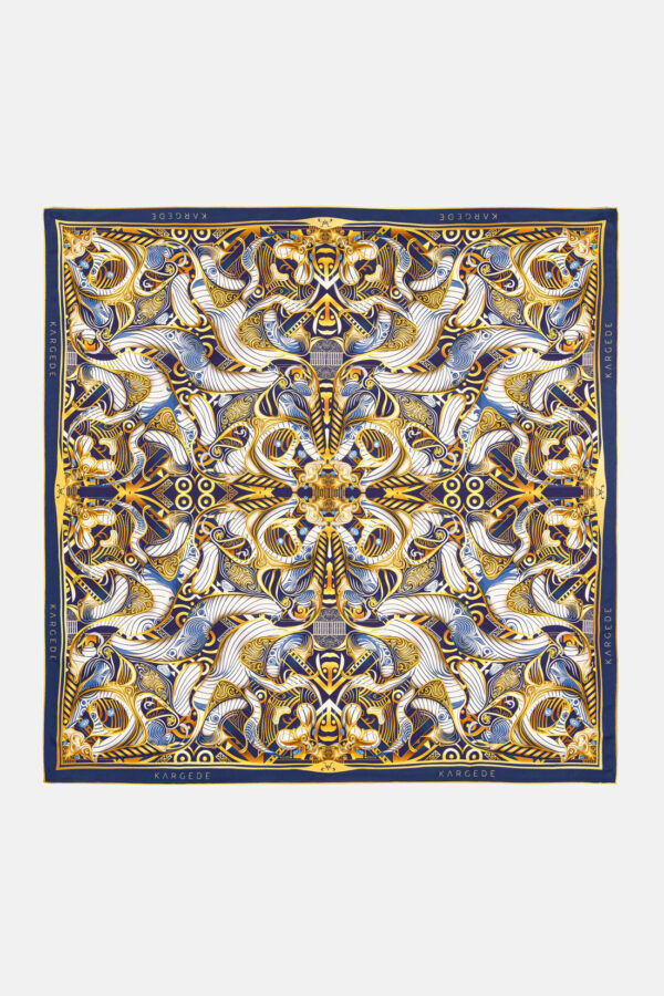 Gold and Blue Designer Silk Twill Scarf Kargede Procelain Fever Dream Flatlay - Designer Silk Scarf - Blue, White, Gold Porcelain