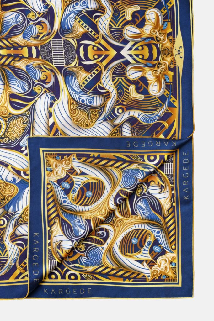Gold and Blue Designer Silk Twill Scarf Kargede Procelain Fever Dream open corner