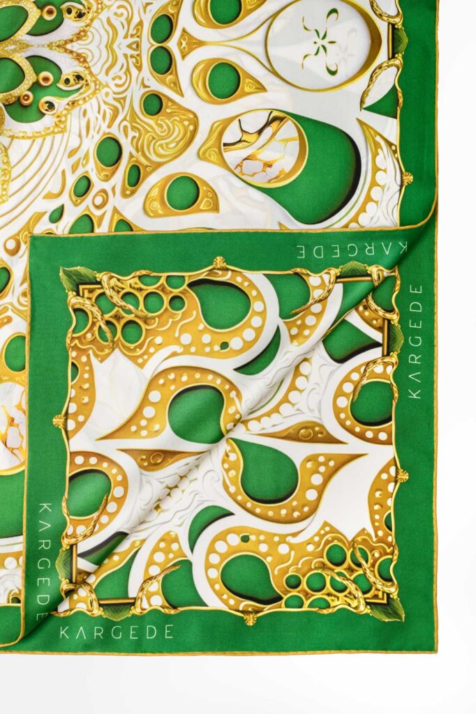 Green Gold White Designer Silk Twill Scarf Kargede Tempus Edax Rerum Corner