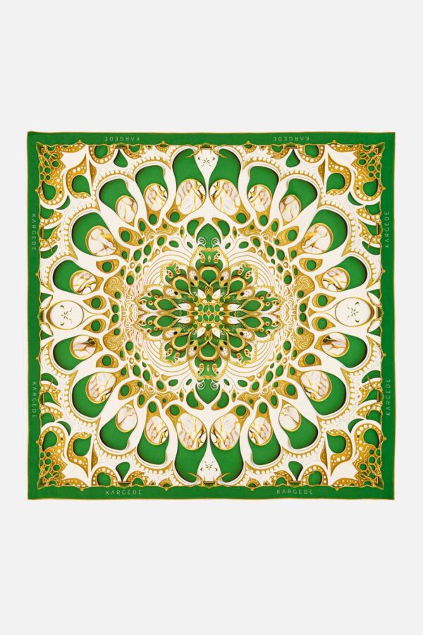 Green Gold White Designer Silk Twill Scarf Kargede Tempus Edax Rerum Flat Lay - Designer Silk Scarf - Green, White, and Gold Marble