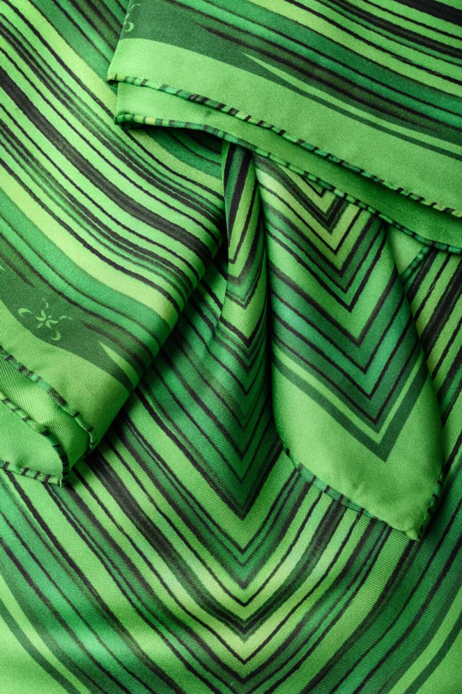 Green Striped Designer Silk Twillk Scarf Kargede Dalarna Detail3 - Designer Silk Scarf - Forest Green Stripes