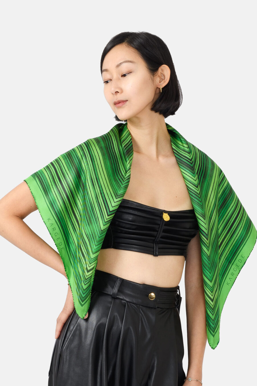 Green Striped Silk Twill Scarf Kargede Designer Scarf Shoulder Loose - Designer Silk Scarf - Forest Green Stripes