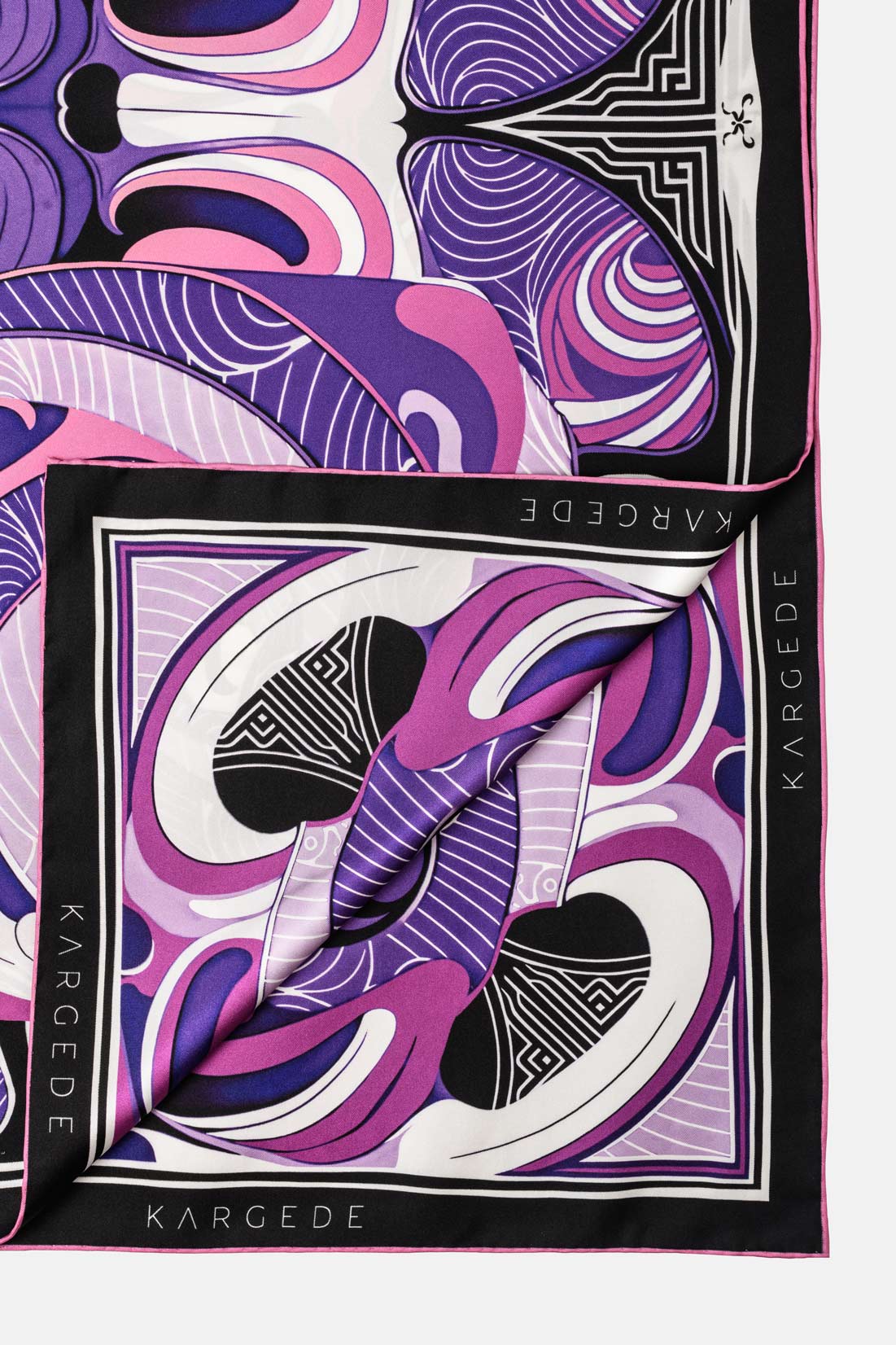 Designer Silk Scarf - Purple, Pink, Black Swirls