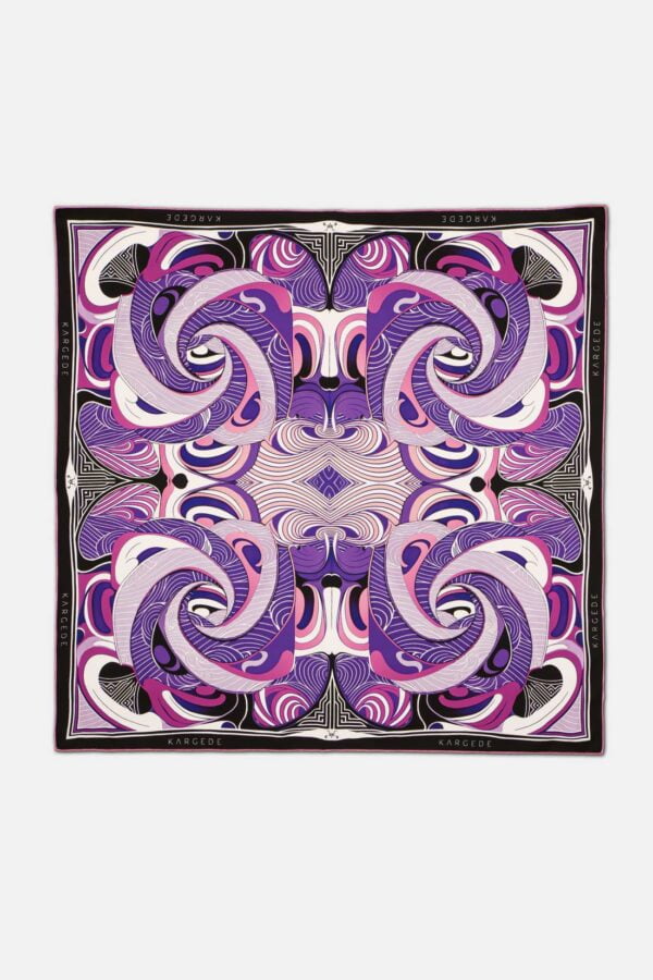 Purple Black Pink Designer Silk Twill Scarf Kargede Tidal Symphony Flat LayB - Designer Silk Scarf - Purple, Pink, Black Swirls