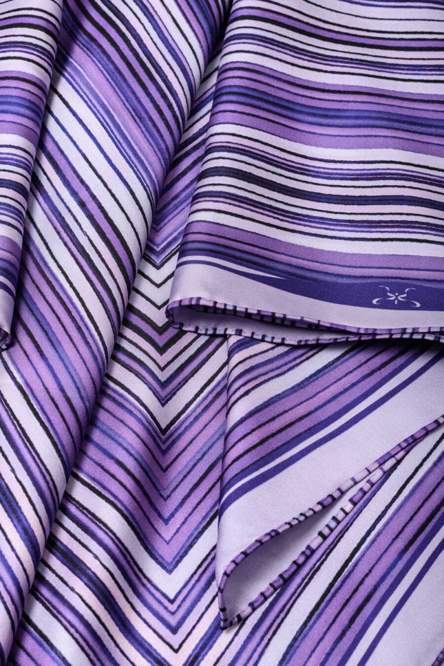 Purple Striped Designer Silk Twillk Scarf Kargede Dalarna Detail3 - Designer Silk Scarf - Midnight Forest Purple Stripes