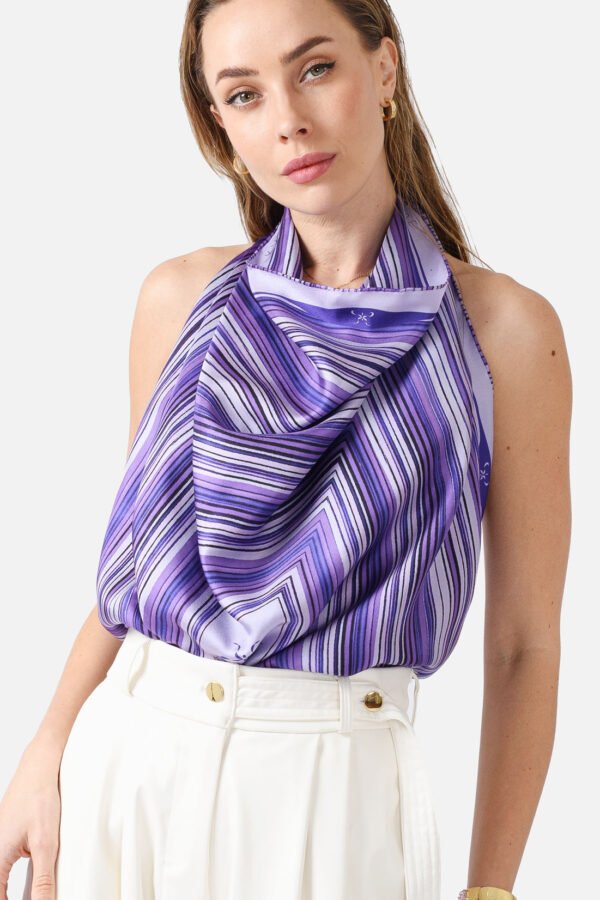 Purple Striped Silk Twill Scarf Kargede Designer Scarf Front Zoomed - Designer Silk Scarf - Midnight Forest Purple Stripes