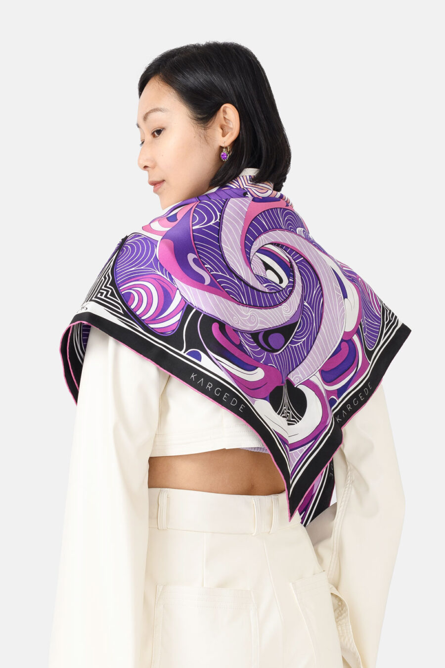 Purple White Black Swirls Silk Twill Scarf Kargede Designer Scarf Neck Tie Shoulder Back - Designer Silk Scarf - Purple, Pink, Black Swirls