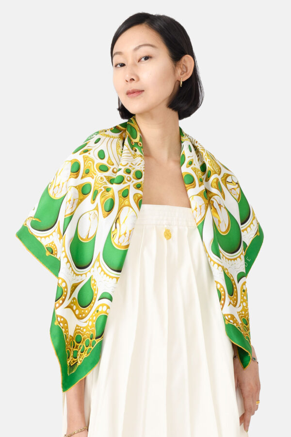 White Green Gold Marble Silk Scarf Kargede Designer Scarf Neck Shoulder - Designer Silk Scarf - Green, White, and Gold Marble