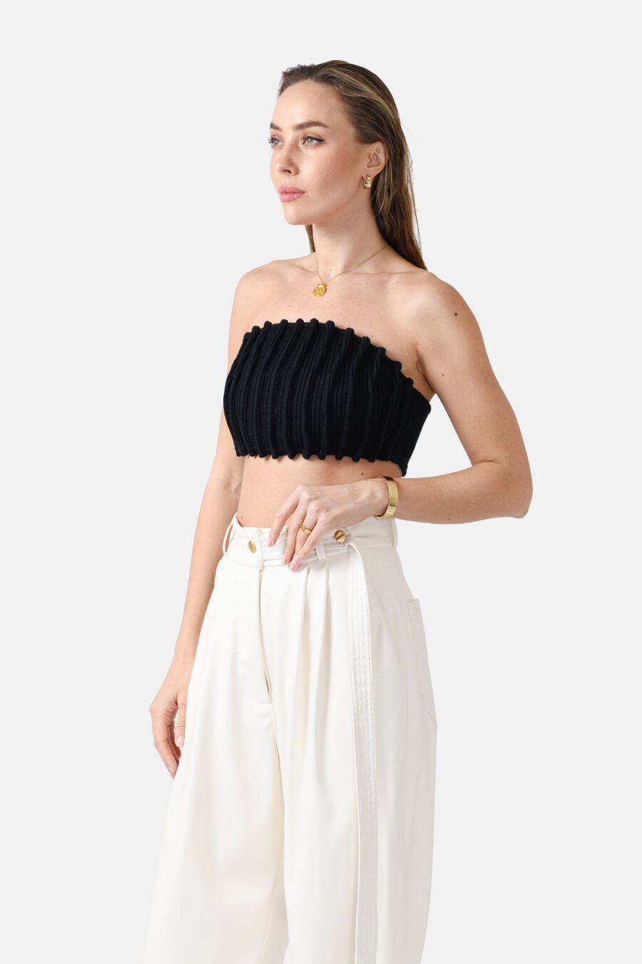 Black Ribbed Knit Bandeau Top Pleated Kargede Designer Bandeau Top Side - Mycena – Ribbed Knit Bandeau Top Black