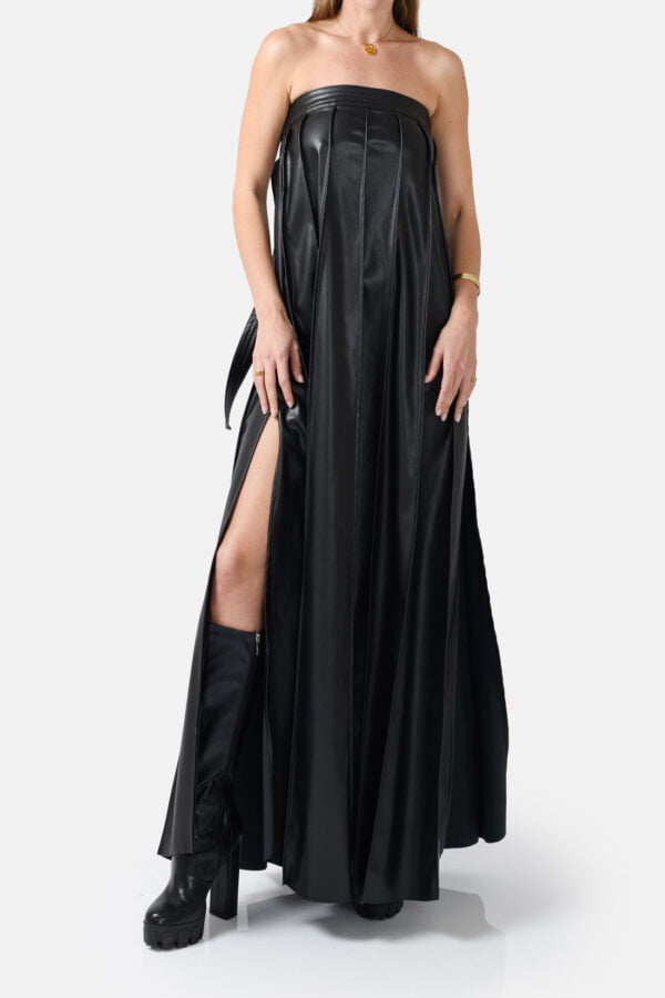 Black Vegan Leather Pleated Maxi Dress Kargede Designer Dress Front zoomed - Desire – Black Strapless Pleated Maxi Dress, Vegan Leather