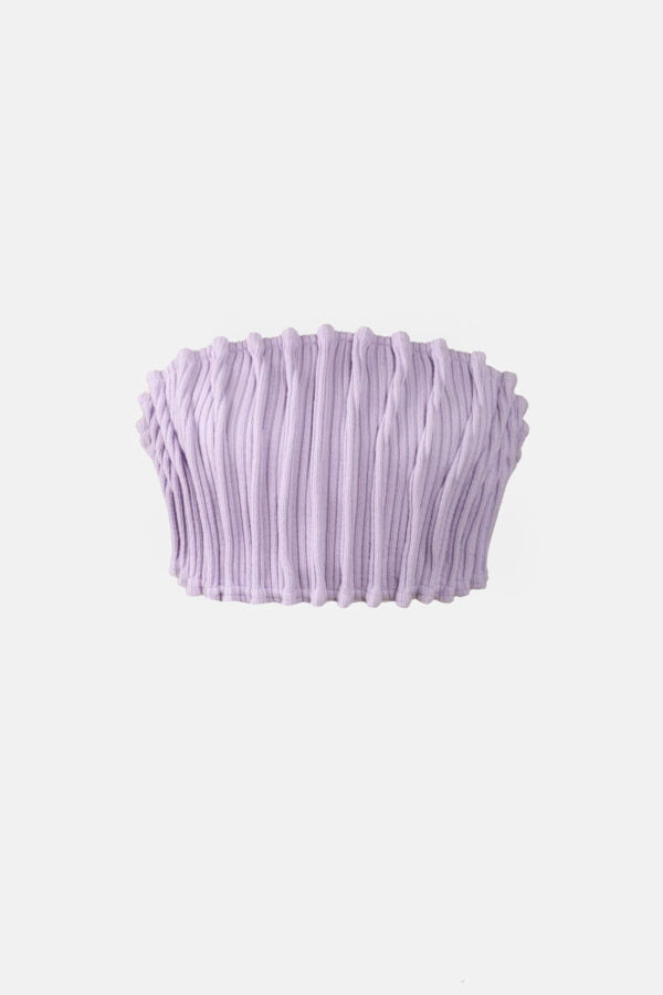 Lilac Ribbed Knit Bandeau Top Pleated Kargede Designer Bandeau Top Front GM - Mycena – Ribbed Knit Bandeau Top Lilac