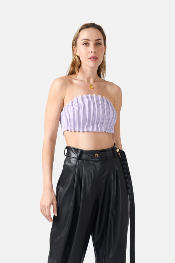 Lilac Ribbed Knit Bandeau Top Pleated Kargede Designer Bandeau Top Front zoomed - Mycena – Ribbed Knit Bandeau Top Lilac