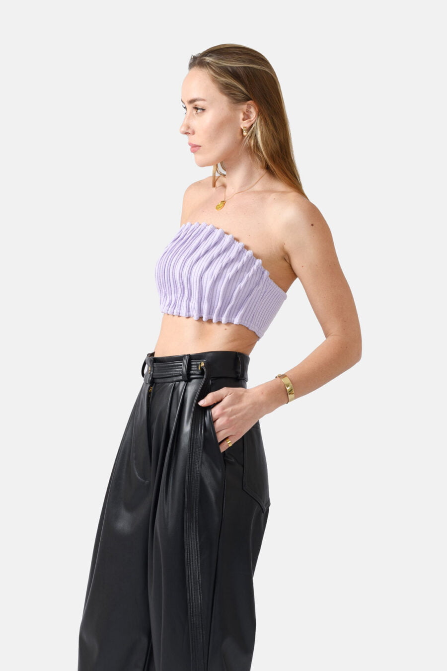 Lilac Ribbed Knit Bandeau Top Pleated Kargede Designer Bandeau Top Side - Mycena – Ribbed Knit Bandeau Top Lilac