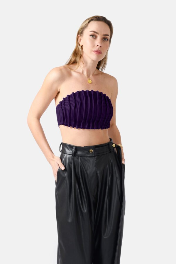 Purple Ribbed Knit Bandeau Top Pleated Kargede Designer Bandeau Top Front zoomed - Mycena – Ribbed Knit Bandeau Top Purple