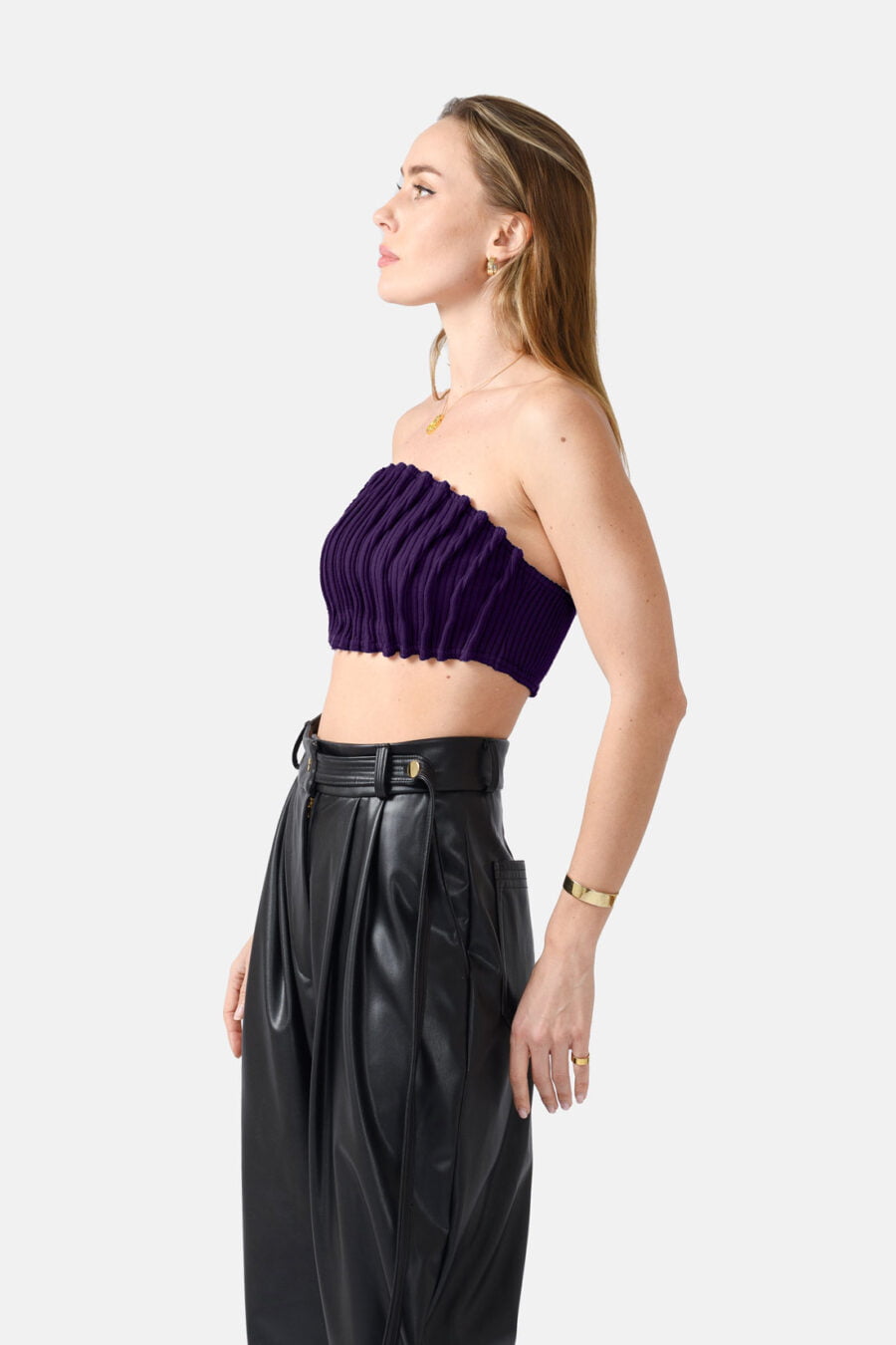 Purple Ribbed Knit Bandeau Top Pleated Kargede Designer Bandeau Top Side - Mycena – Ribbed Knit Bandeau Top Purple