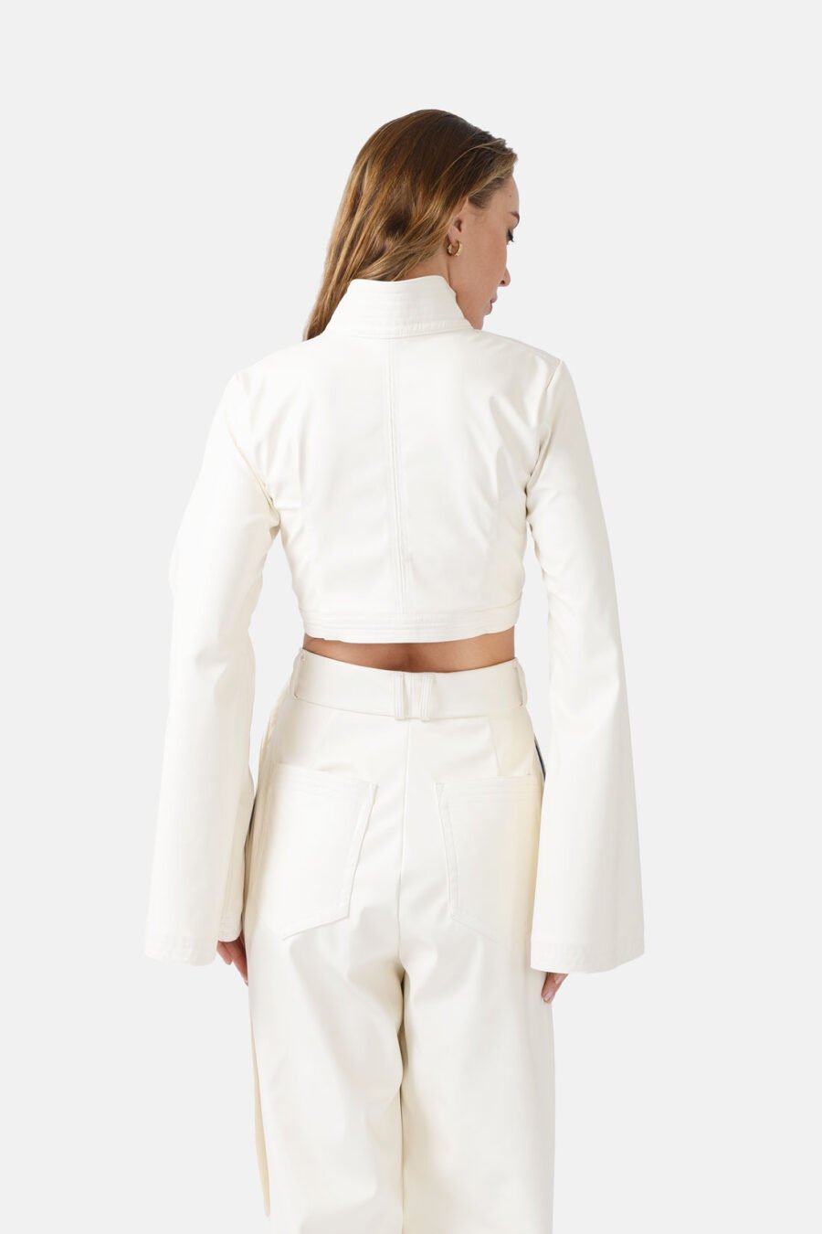 White Vegan Leather Cropped Jacket Kargede Designer Jacket Back - Hush – Vegan Leather Cropped Jacket White